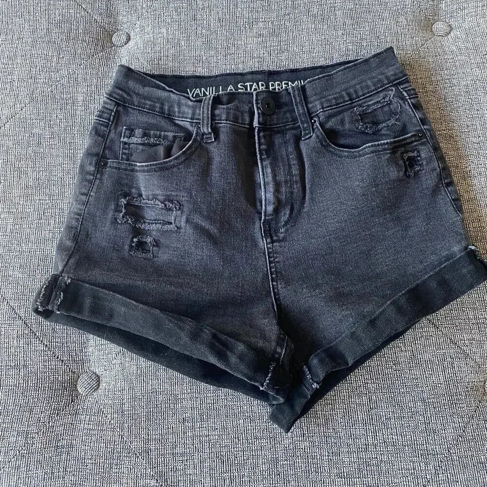 Vanilla Star Womens Jean Shorts Black Cut Off Distressed Stretch Denim Juniors 7